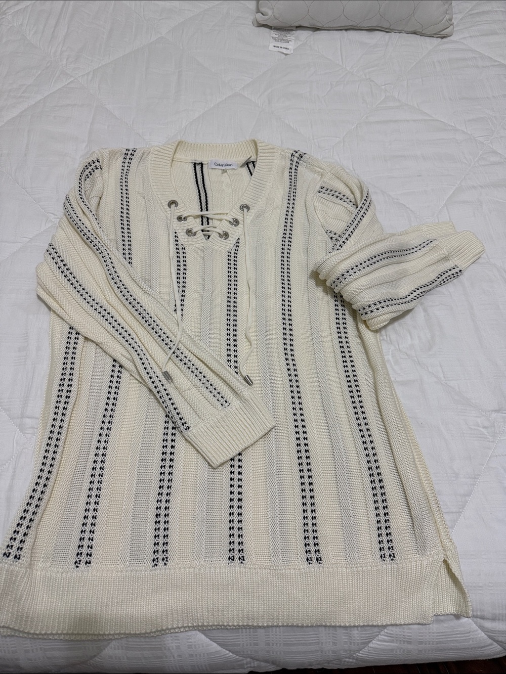 Calvin Klein Cream Sweater with Navy Stripe Lace-Up Neck